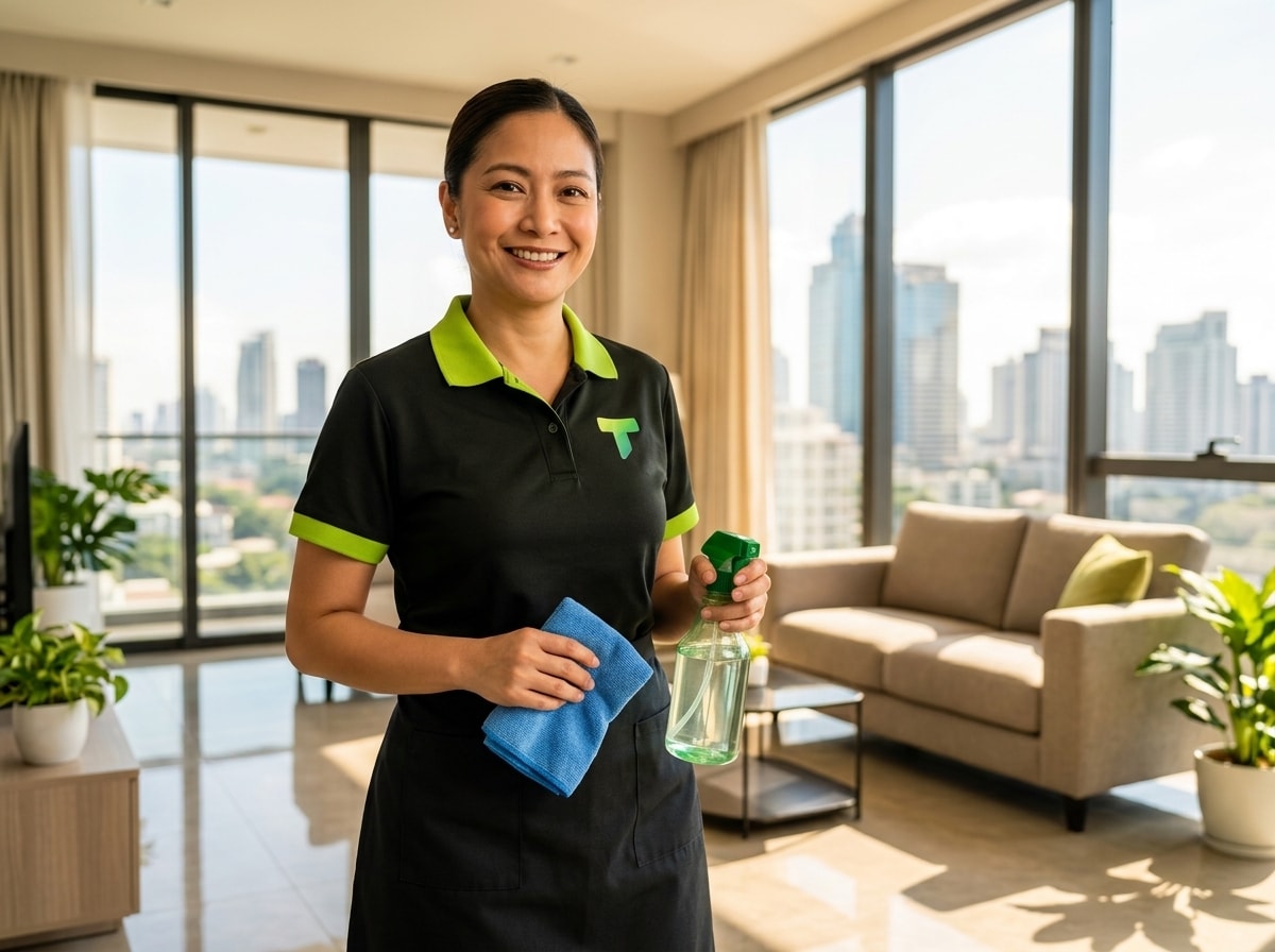 Spring Shine Co. professional cleaning team specialist wearing official uniform, smiling warmly in a bright sunlit modern condo living room